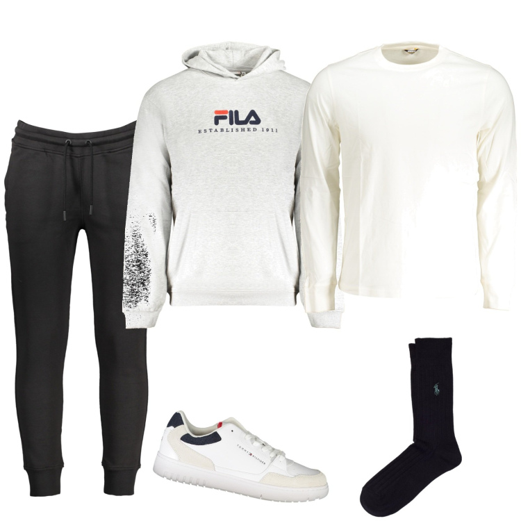 Outfit uomo - Venerdì sera in relax. Stile Casual per Tutti i giorni. Abbinamento con calzini, t-shirt, pantaloni, sneakers, felpe con cappuccio.
