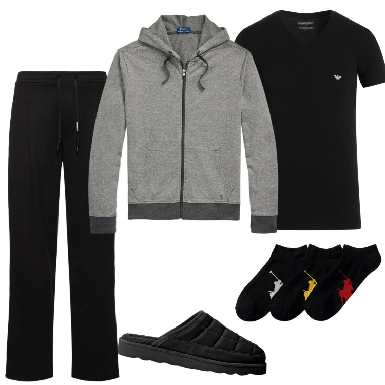 Outfit uomo - Venerdì sera in divano ma con stile. Stile Casual per Tutti i giorni. Abbinamento con magliette intime, calzini, pantofole, felpe con cappuccio, pantaloni.