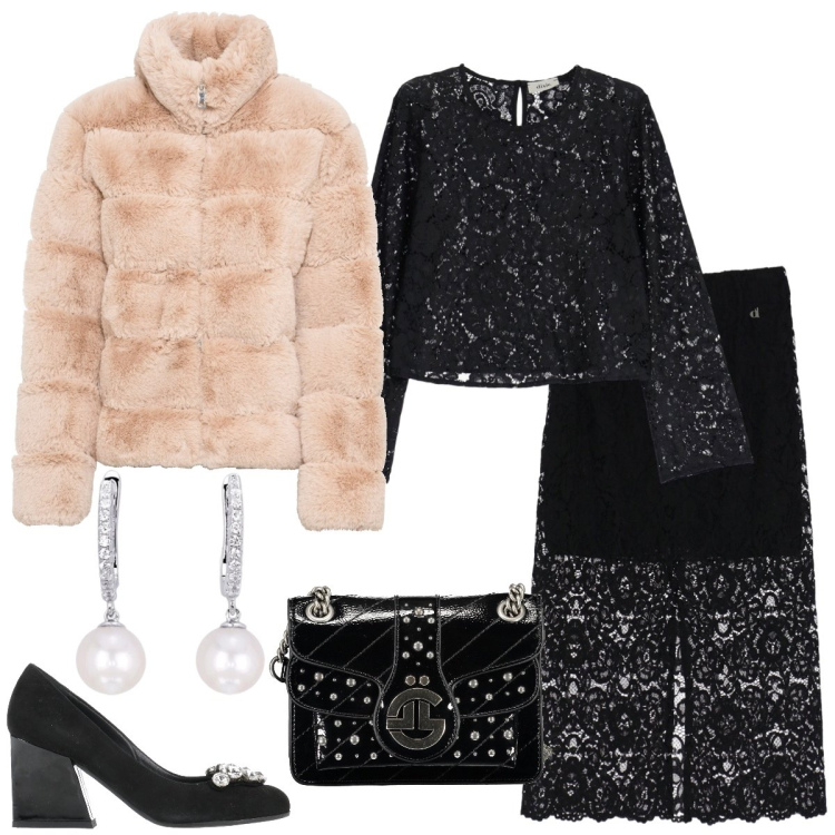 Outfit donna - Serata elegante. Stile Chic per Serata fuori. Abbinamento con ecopellicce, décolleté, orecchini, gonne longuette, maglieria, borse a tracolla.
