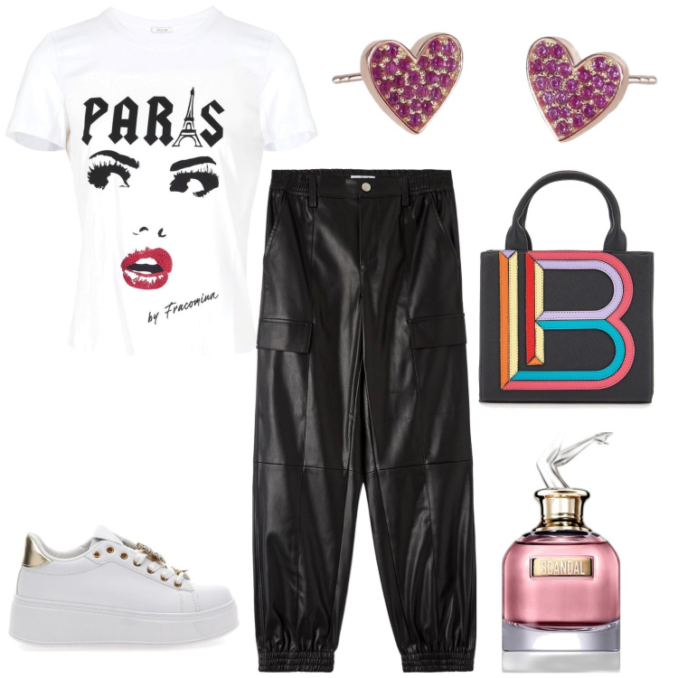 Outfit donna - Cargo per un giorno. Stile Casual chic per Serata fuori. Abbinamento con profumi, pantaloni cargo, orecchini, t-shirt, sneakers, borse a mano.