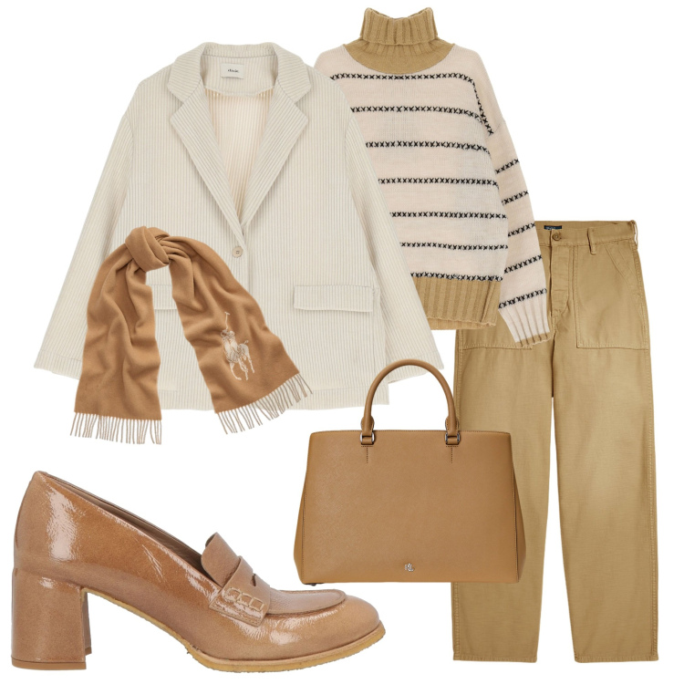 Outfit donna - Tutti i giorni. Stile Casual chic per Tutti i giorni. Abbinamento con mocassini, maglieria, blazer, pantaloni, borse a mano, sciarpe.