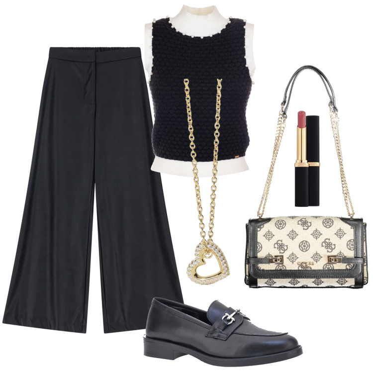 Outfit donna - Il maglioncino bijou in ufficio. Stile Glamour per Ufficio. Abbinamento con rossetti, collane, maglieria, pantaloni a palazzo, mocassini, borse a spalla.