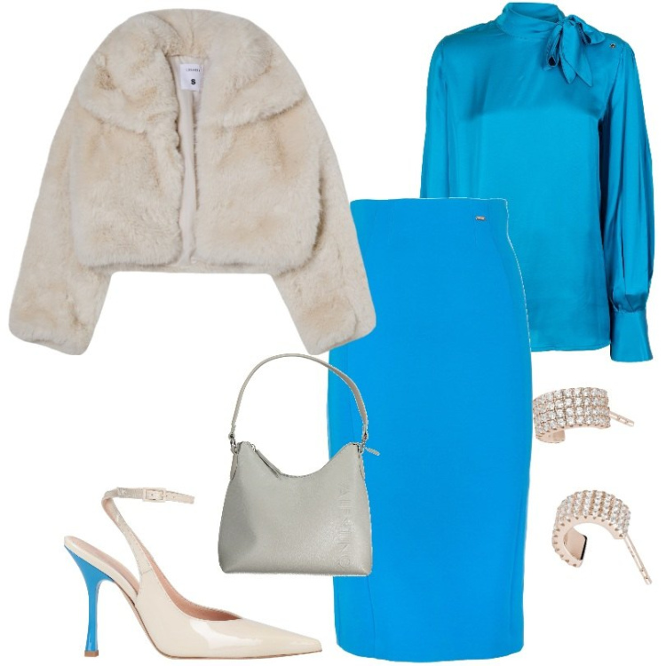 Outfit donna - Un mix perfetto tra avorio e turchese. Stile Chic per Tutti i giorni. Abbinamento con décolleté, blazer, orecchini, bluse, gonne longuette, borse a spalla.