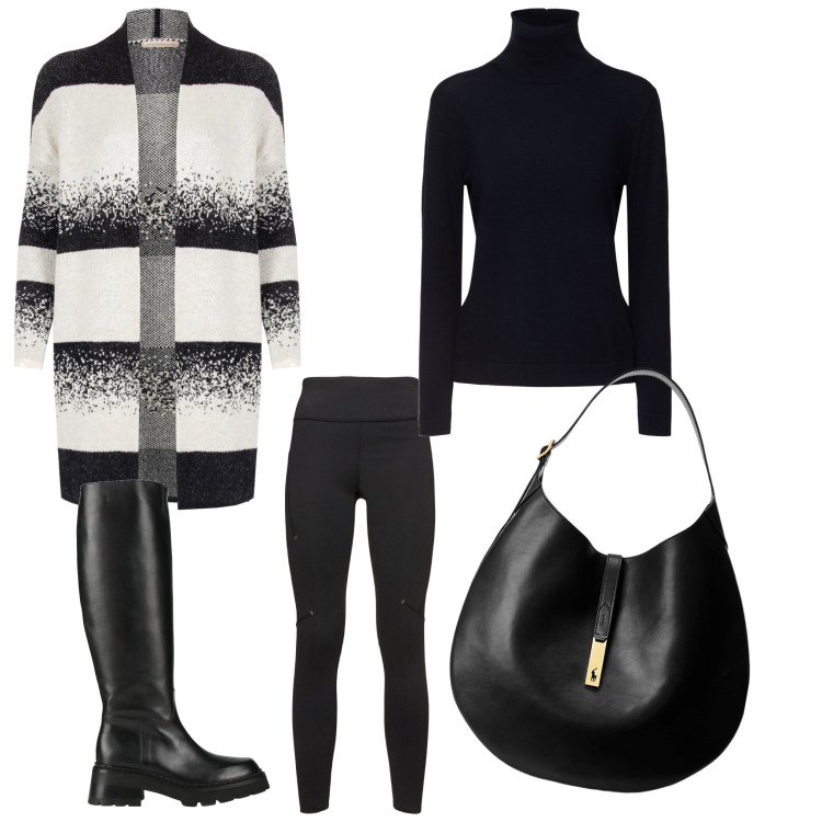 Outfit donna - Comodità. Stile Basic per Tutti i giorni. Abbinamento con stivali, cardigans, borse a spalla, leggings, maglieria.