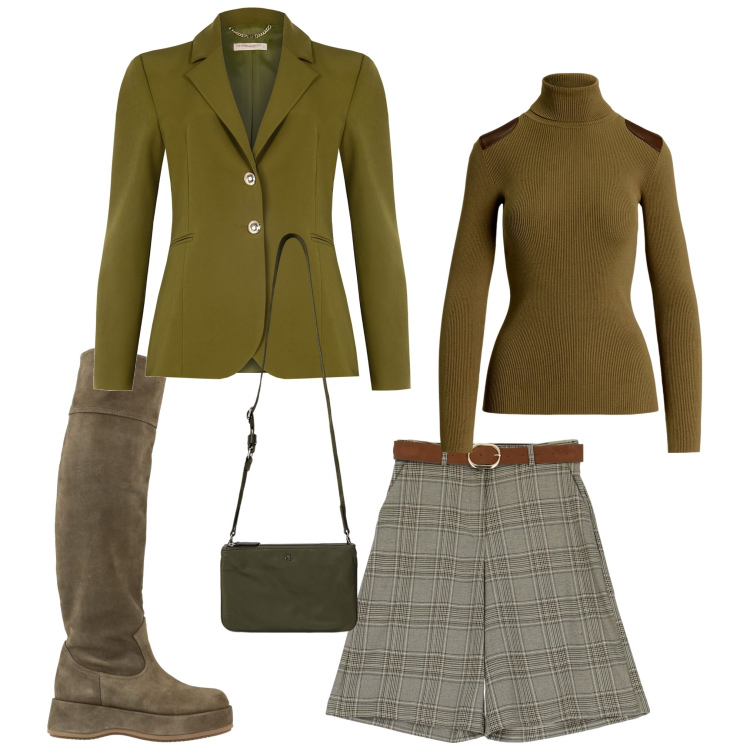 Outfit donna - Shorts in autunno. Stile Casual chic per Serata fuori. Abbinamento con stivali, maglieria, borse a tracolla, bermuda, blazer.