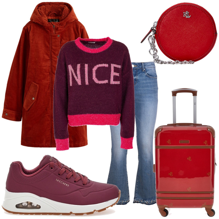 Outfit donna - Pronti partenza. Stile Basic per Tutti i giorni. Abbinamento con parka, maglieria, jeans bootcut, pochette, sneakers, valigie.