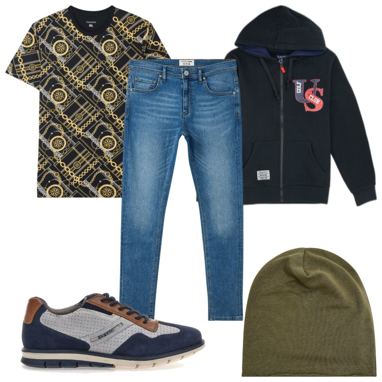 Outfit uomo - Total look #1997816. Stile Trendy per Tutti i giorni. Abbinamento con t-shirt, jeans slim fit, berretti, felpe con cappuccio, scarpe stringate.