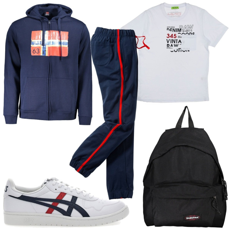 Outfit uomo - Total look #1997822. Stile Trendy per Sport. Abbinamento con pantaloni, t-shirt, borse sportive, sneakers, felpe con cappuccio.