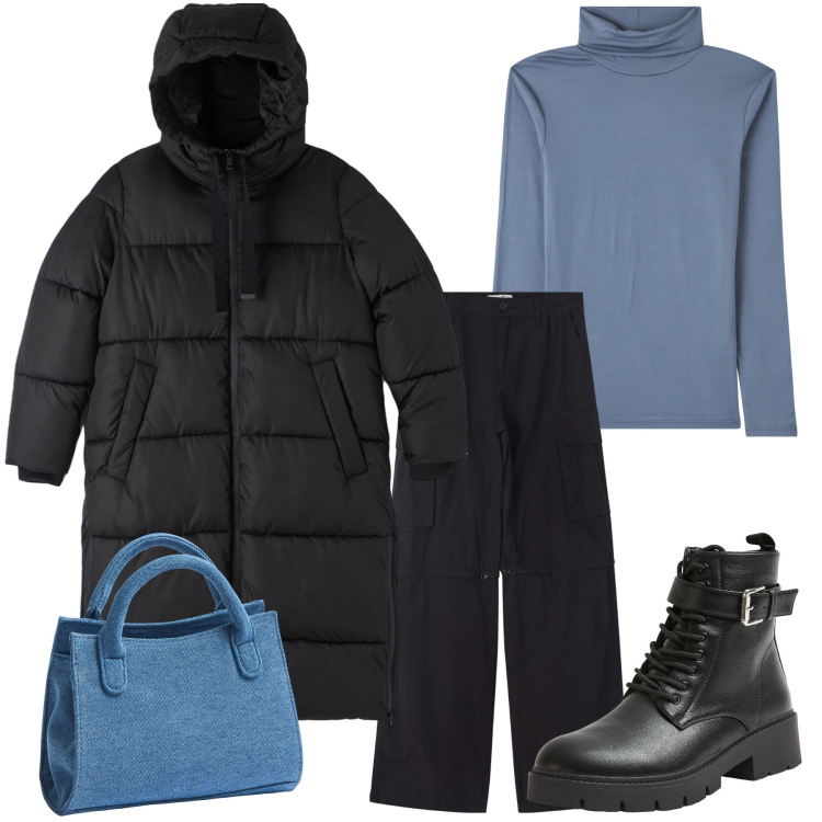 Outfit donna - Toral look. Stile Urban per Tutti i giorni. Abbinamento con pantaloni cargo, maglieria, borse a tracolla, piumini, anfibi.