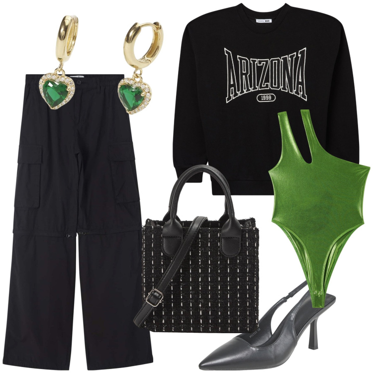 Outfit donna - Un tocco di verde. Stile Trendy per Tutti i giorni. Abbinamento con pantaloni cargo, body, shopping bag, décolleté, felpe, orecchini.