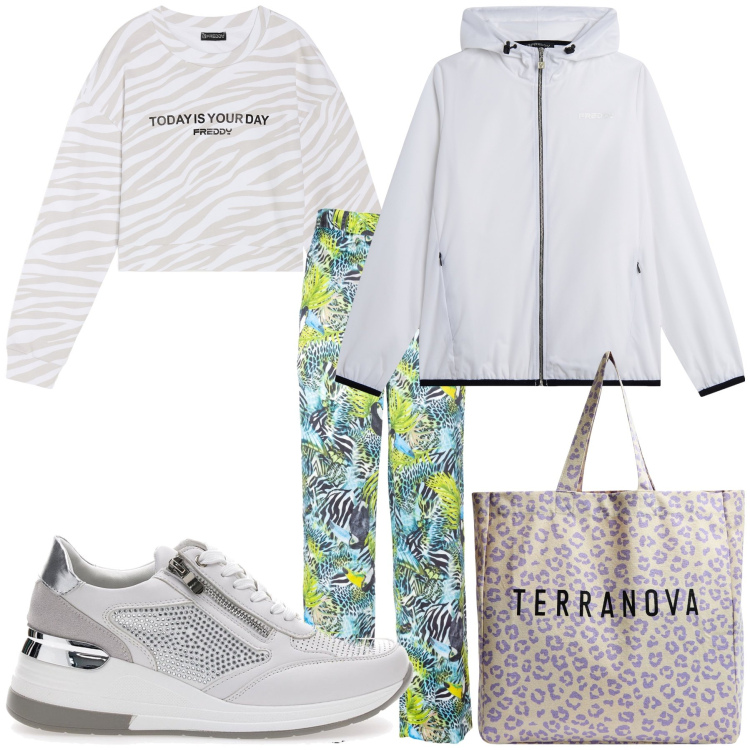Outfit donna - Saturday morning. Stile Basic per Tutti i giorni. Abbinamento con shopping bag, pantaloni a palazzo, felpe, blazer, sneakers.