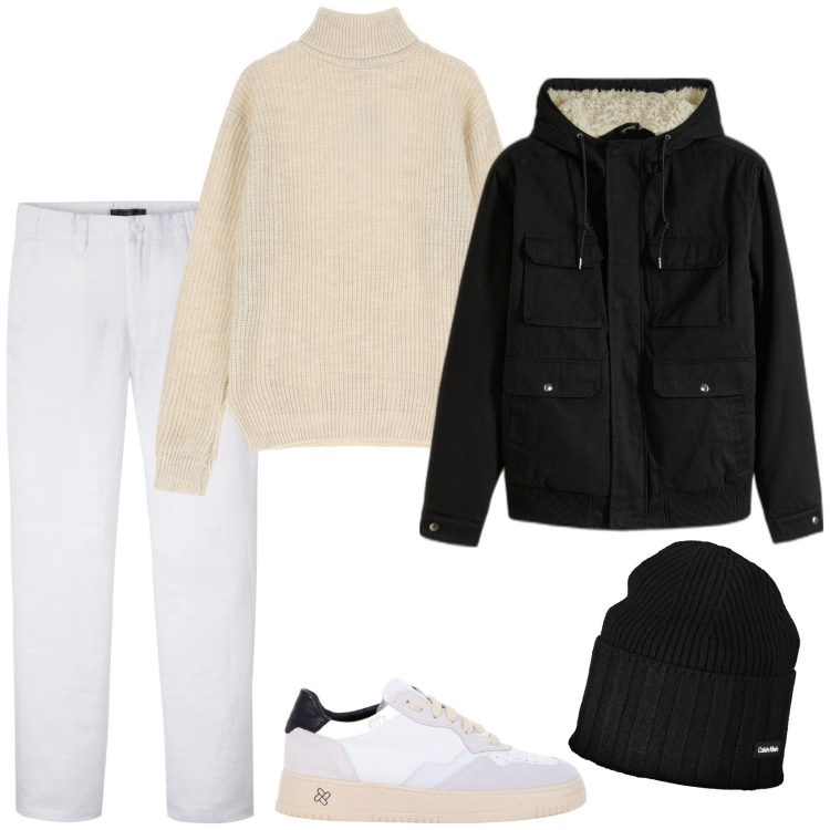 Outfit uomo - Total look #1997858. Stile Casual per Tutti i giorni. Abbinamento con pantaloni, piumini, maglieria, sneakers, berretti.