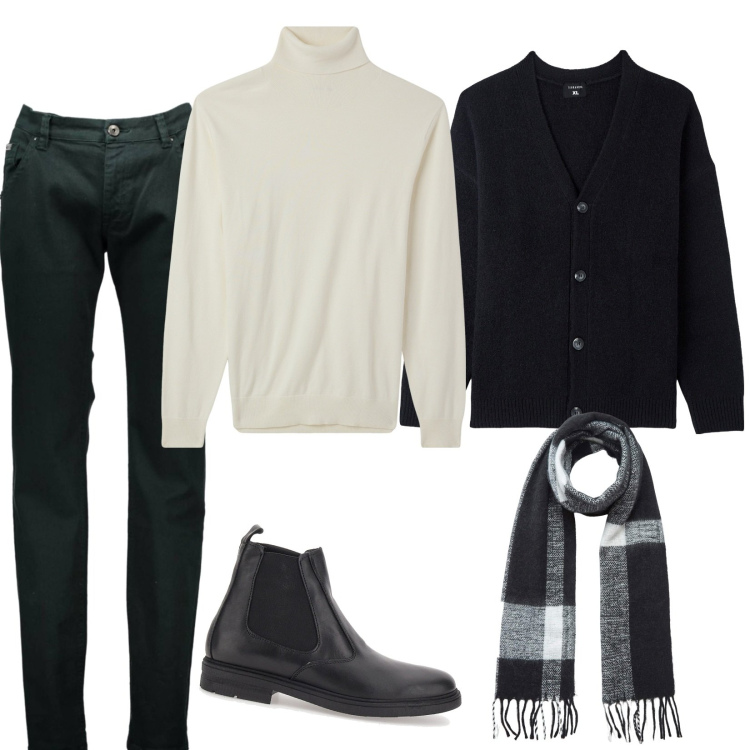 Outfit uomo - Cardigan e dolcevita. Stile Casual per Tutti i giorni. Abbinamento con maglieria, cardigans, sciarpe, stivali e stivaletti, pantaloni.