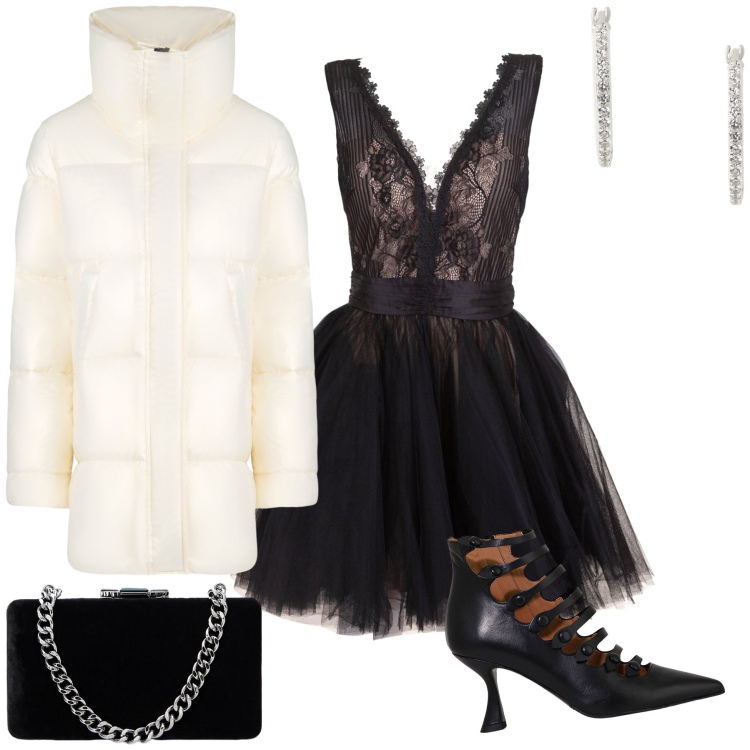 Outfit donna - Che abitino wow. Stile Glamour per Serata fuori. Abbinamento con vestiti, stivaletti, clutch, orecchini, blazer.