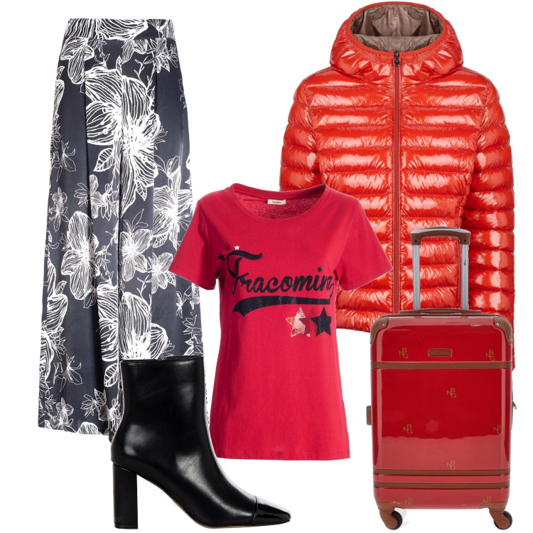 Outfit donna - Viaggio trendy. Stile Trendy per Tutti i giorni. Abbinamento con stivaletti, pantaloni culotte, t-shirt, blazer, valigie.