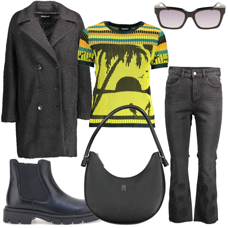 Outfit donna - Grigio e colore. Stile Casual per Tutti i giorni. Abbinamento con stivaletti, jeans, cappotti, borse a spalla, occhiali da sole, maglieria.