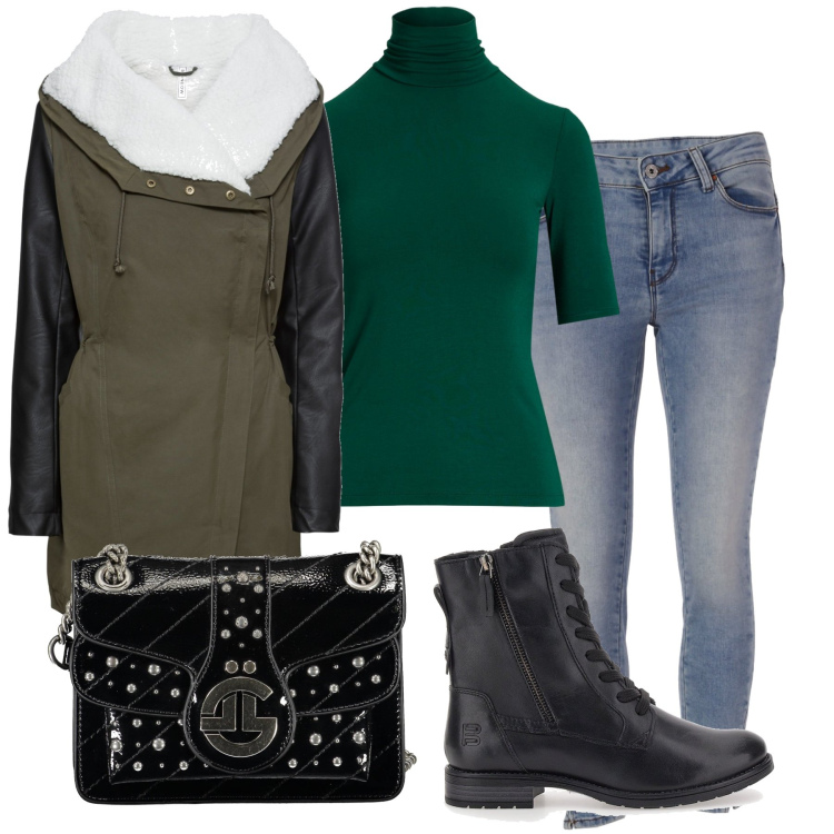Outfit donna - Cappotto verde oliva. Stile Casual per Scuola/Università. Abbinamento con cappotti, jeans, maglieria, anfibi, borse a tracolla.