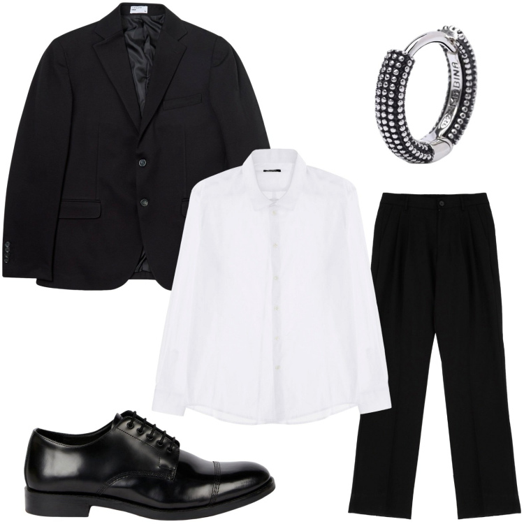 Outfit uomo - Raffinato in giacca. Stile Trendy per Serata speciale. Abbinamento con giacche, orecchini, camicie, pantaloni, scarpe stringate.