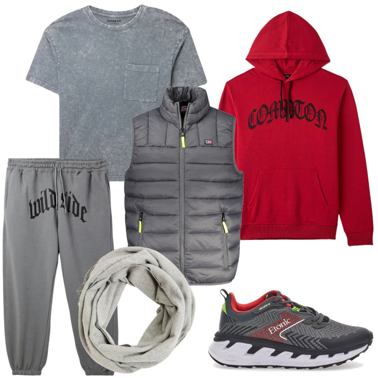 Outfit uomo - La felpa essenziale. Stile Trendy per Sport. Abbinamento con felpe con cappuccio, sciarpe, t-shirt, pantaloni, sneakers, giacche.