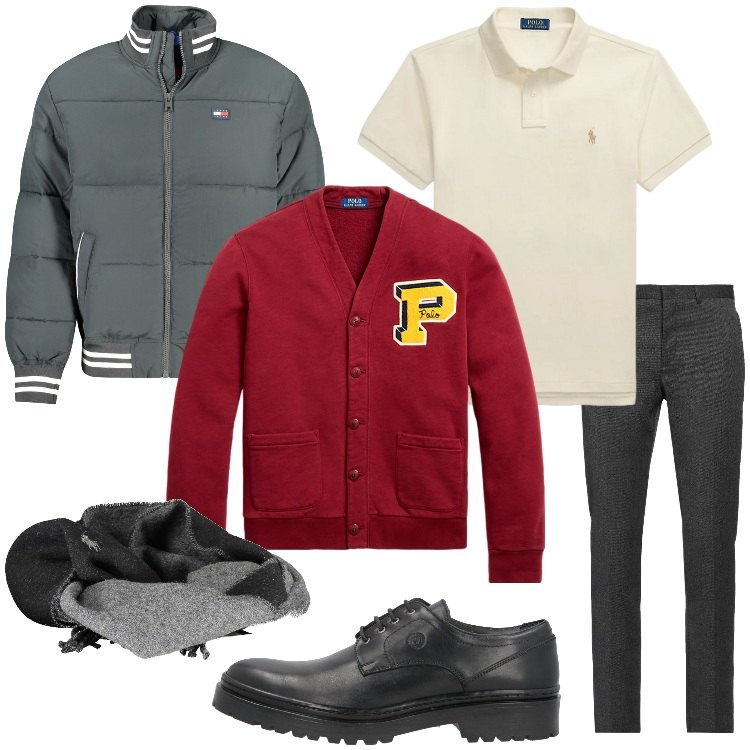Outfit uomo - Stile college. Stile Trendy per Ufficio. Abbinamento con scarpe stringate, pantaloni, polo, cardigans, giacche, sciarpe.