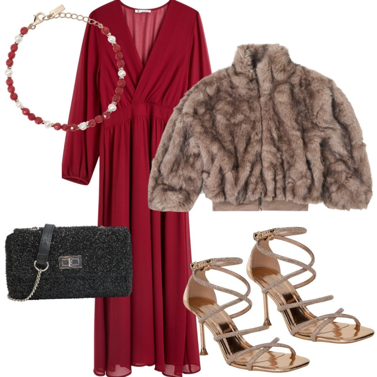 Outfit donna - Gala party. Stile Glamour per Cerimonia. Abbinamento con vestiti lunghi, borse a tracolla, ecopellicce, sandali col tacco, braccialetti.