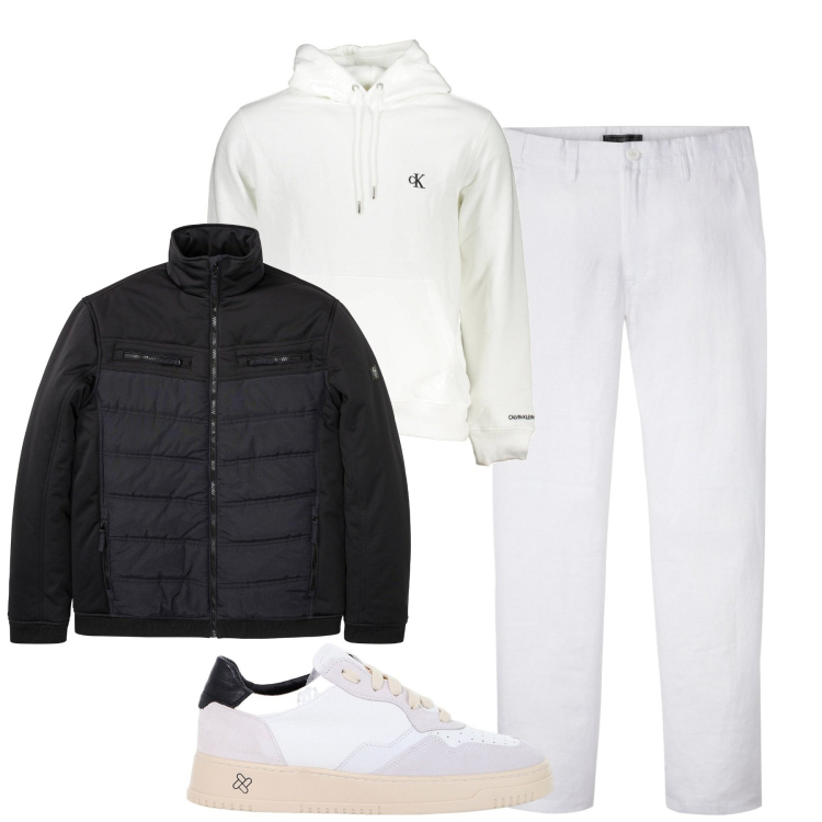Outfit uomo - White. Stile Urban per Tutti i giorni. Abbinamento con pantaloni, piumini, sneakers, felpe con cappuccio.