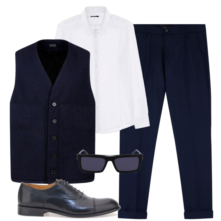 Outfit uomo - In ufficio. Stile Business/Elegante per Ufficio. Abbinamento con camicie, pantaloni chino, scarpe stringate, gilet, occhiali da sole.