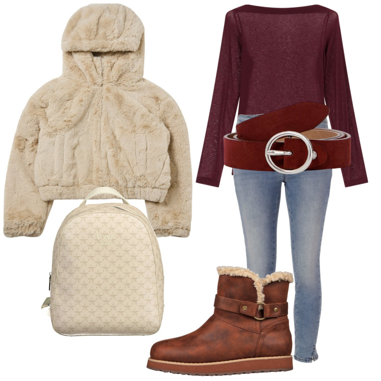 Outfit donna - Total look #1997934. Stile Casual per Tutti i giorni. Abbinamento con felpe con cappuccio, jeans, t-shirt, cinture, stivaletti, zaini.