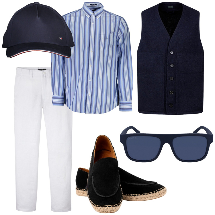 Outfit uomo - Mare d\' autunno. Stile Casual per Tutti i giorni. Abbinamento con pantaloni, cappelli con visiera, occhiali da sole, espadrillas, gilet, camicie a manica corta.