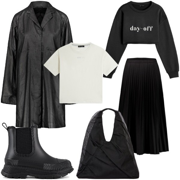 Outfit donna - "Comfy cool". Stile Casual chic per Serata fuori. Abbinamento con felpe, t-shirt, gonne lunghe, stivali, trench, shopping bag.