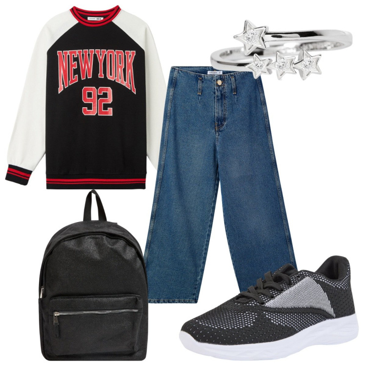Outfit donna - Terranova Urban Black Friday. Stile Urban per Tutti i giorni. Abbinamento con zaini, jeans, felpe, sneakers, anelli.