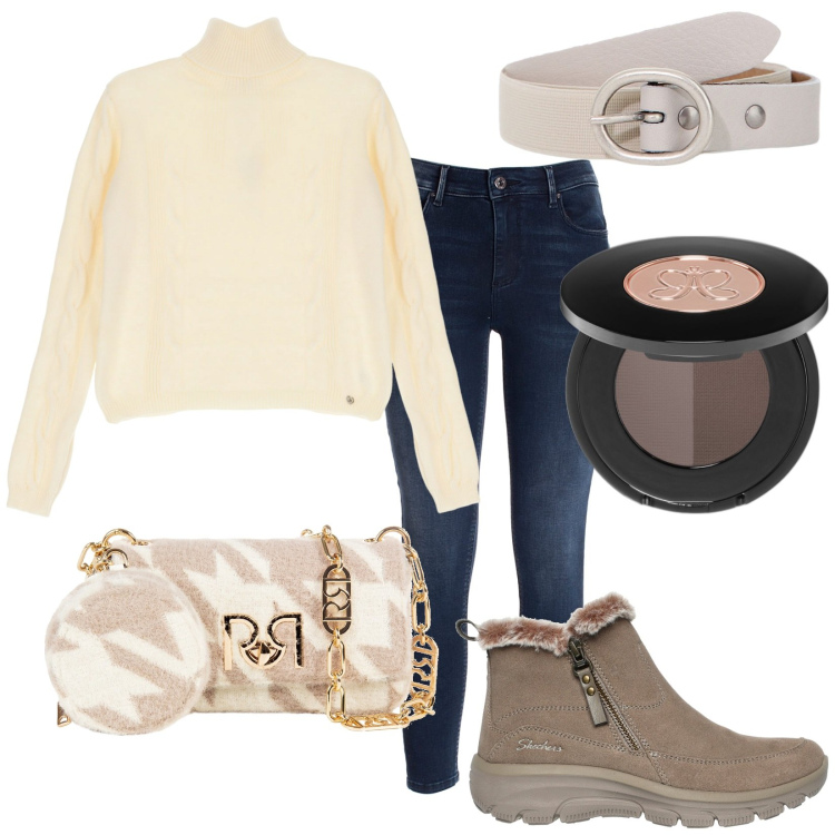 Outfit donna - Total look #1997992. Stile Casual per Tutti i giorni. Abbinamento con ciprie, maglieria, borse a tracolla, jeans skinny, cinture, stivaletti.
