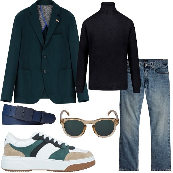 Outfit uomo - Eleganza sportiva. Stile Trendy per Ufficio. Abbinamento con sneakers, giacche, jeans dritti, cinture, maglieria, occhiali da sole.