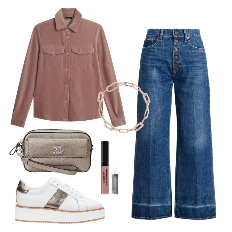 Outfit donna - Camicia in velluto. Stile Casual per Tutti i giorni. Abbinamento con gloss, braccialetti, camicie, jeans, pochette, sneakers.