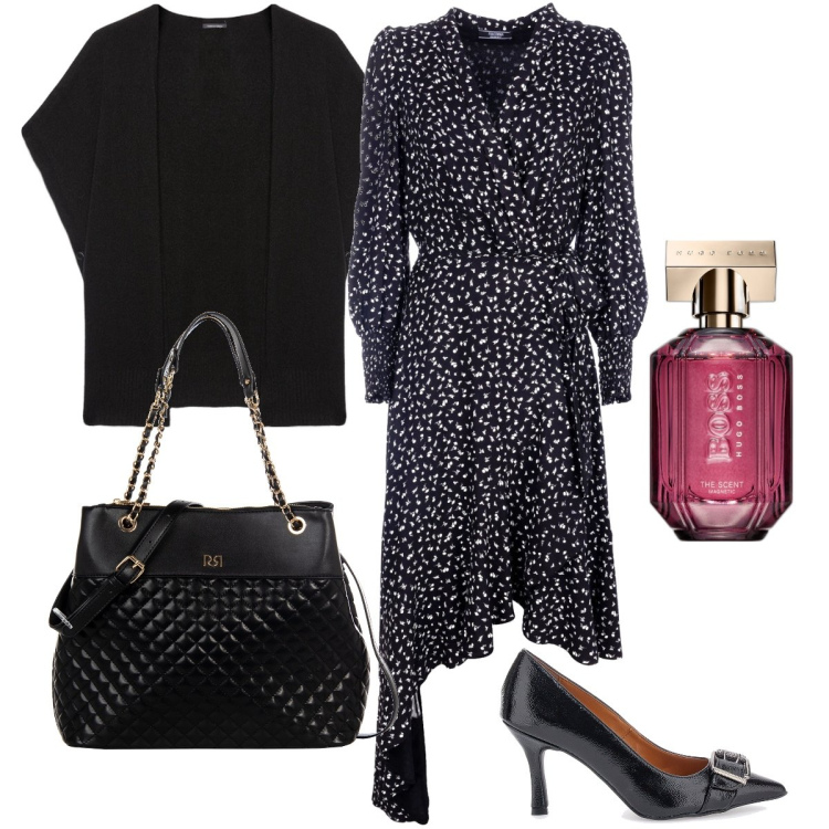 Outfit donna - Il vestito asimmetrico. Stile Bon Ton per Serata fuori. Abbinamento con profumi, shopping bag, vestiti, décolleté, cappe.