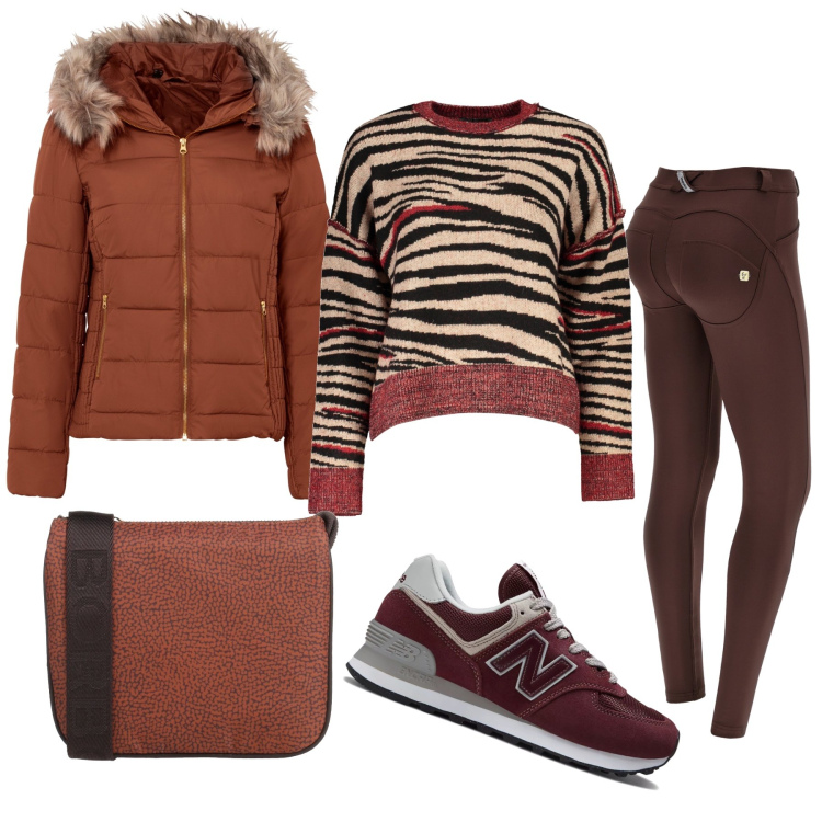 Outfit donna - I toni del marrone. Stile Casual per Scuola/Università. Abbinamento con giacche, borse a tracolla, sneakers, pantaloni skinny, maglieria.