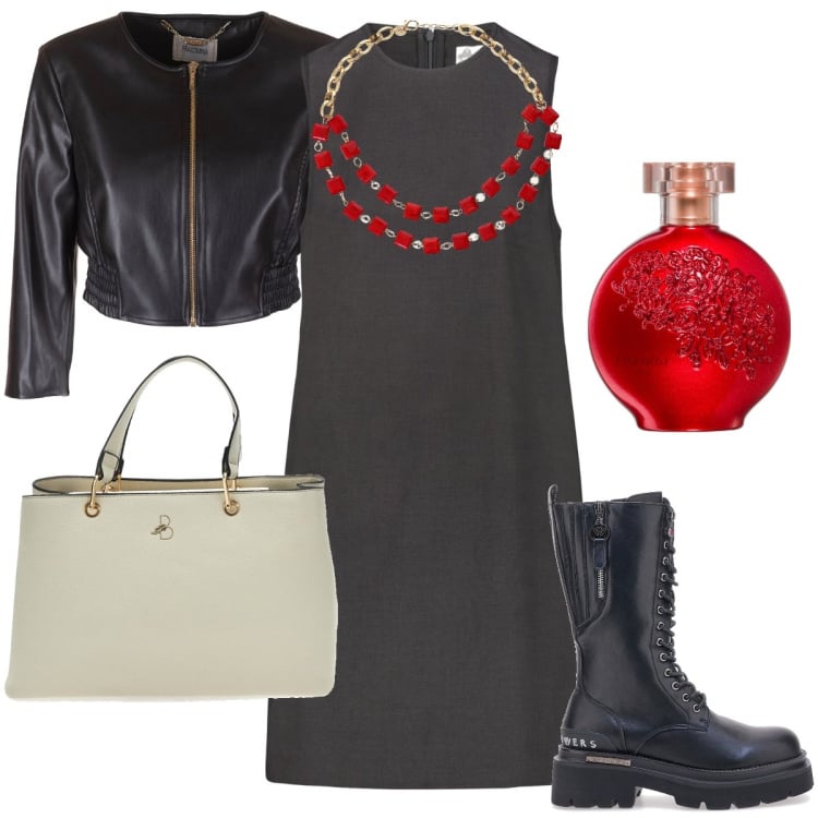 Outfit donna - Bon ton rock. Stile Rock per Serata fuori. Abbinamento con profumi, blazer, collane, anfibi, vestiti a tubino, borse a mano.