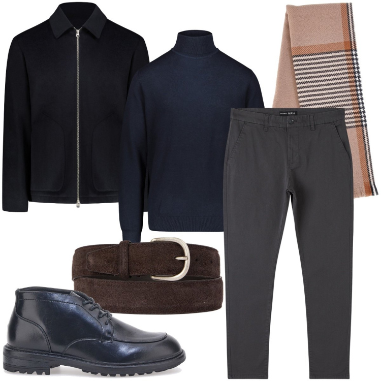 Outfit uomo - Non solo scuro. Stile Business/Elegante per Serata speciale. Abbinamento con pantaloni chino, scarpe stringate, sciarpe, giacche, maglieria, cinture.