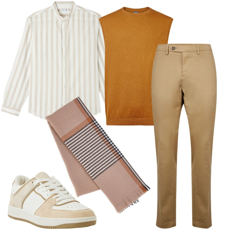 Outfit uomo - Il gilet arancione. Stile Business/Elegante per Ufficio. Abbinamento con camicie, sneakers, pantaloni chino, gilet, sciarpe.