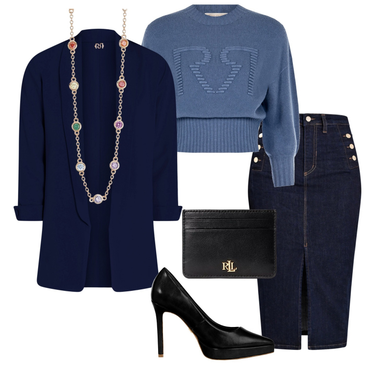 Outfit donna - Rinascimento. Stile Casual chic per Serata fuori. Abbinamento con collane, maglieria, gonne longuette, blazer, décolleté, portafogli.