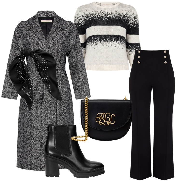 Outfit donna - Rinascimento. Stile Casual chic per Serata fuori. Abbinamento con cappotti, pantaloni, maglieria, foulard, stivaletti chelsea, borse a tracolla.