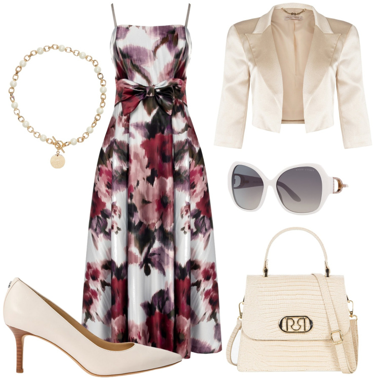 Outfit donna - Cerimonia. Stile Romantica per Cerimonia. Abbinamento con vestiti midi/longuette, bolero, borse a mano, collane, occhiali da sole, décolleté.