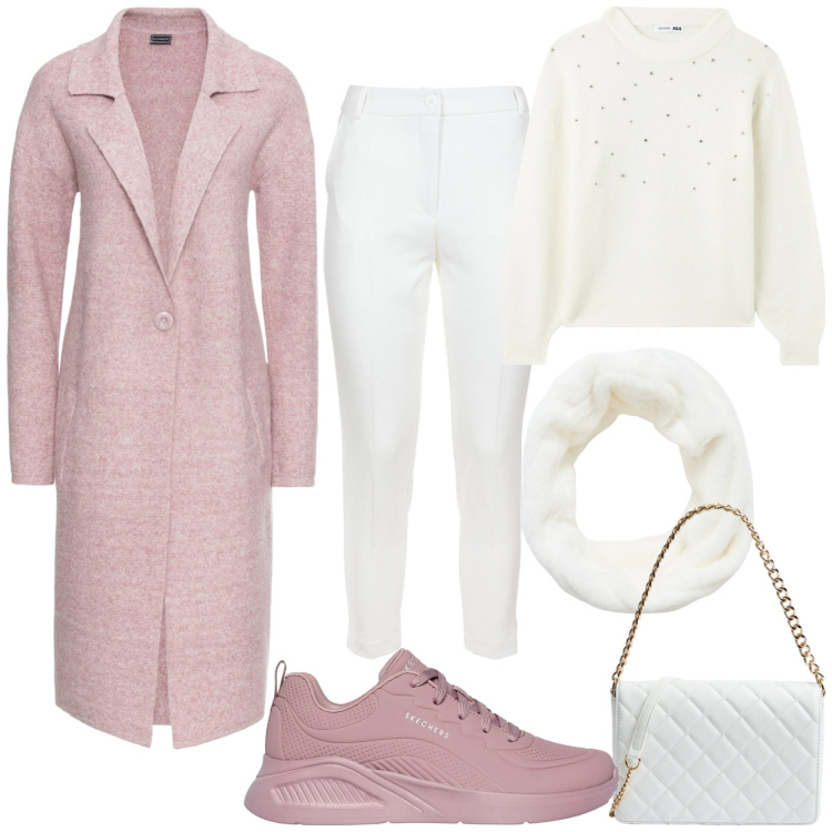 Outfit donna - Cappotto lungo rosa. Stile Casual per Scuola/Università. Abbinamento con cappotti, maglieria, fasce per capelli, borse a tracolla, pantaloni, sneakers.