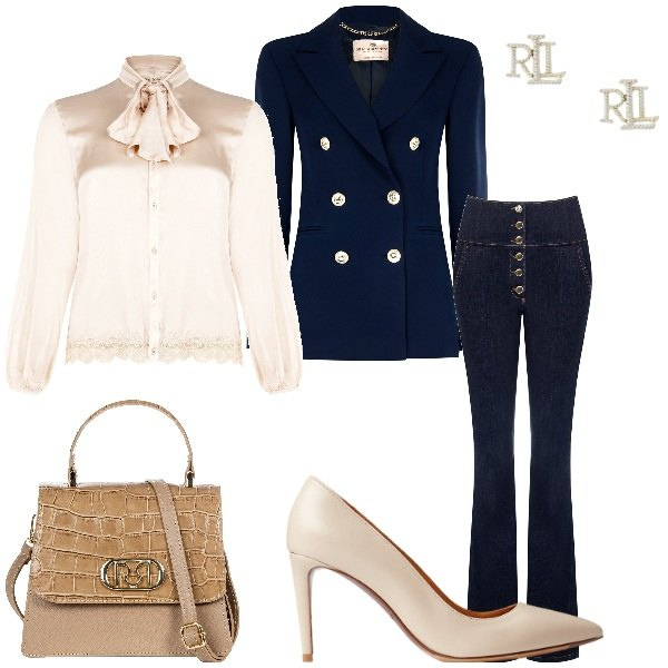 Outfit donna - Navy con classe. Stile Casual chic per Tutti i giorni. Abbinamento con borse a mano, blazer, jeans a zampa, camicie, orecchini, décolleté.