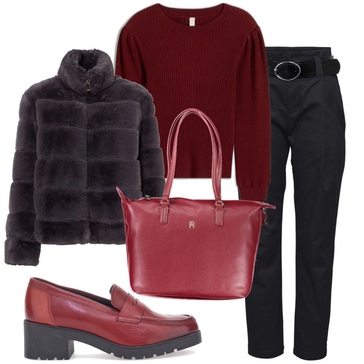 Outfit donna - Rosso e nero. Stile Casual per Ufficio. Abbinamento con pantaloni, ecopellicce, maglieria, mocassini, borse a spalla.