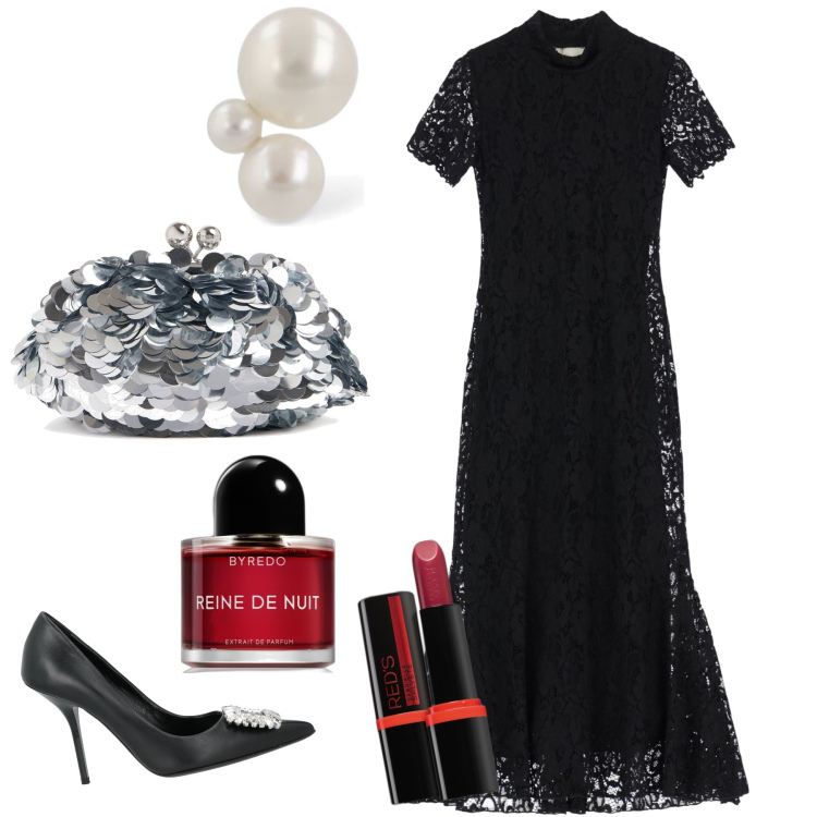 Outfit donna - Regina della notte. Stile Glamour per Serata fuori. Abbinamento con décolleté, rossetti, profumi, vestiti midi/longuette, orecchini, pochette.