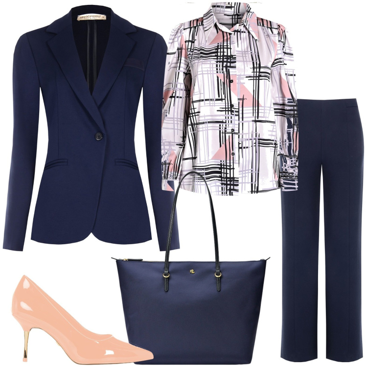 Outfit donna - Completo blu per l\'ufficio. Stile Glamour per Ufficio. Abbinamento con blazer, bluse, camicie, pantaloni, décolleté, borse tote.