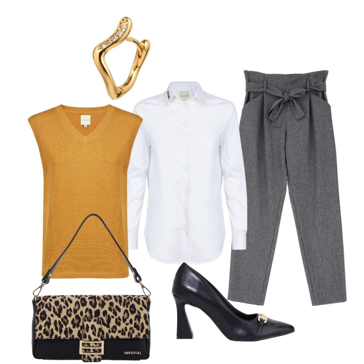 Outfit donna - Il gilè giallo ocra. Stile Minimal per Tutti i giorni. Abbinamento con pantaloni, stivaletti, borse a spalla, maglieria, orecchini, camicie.