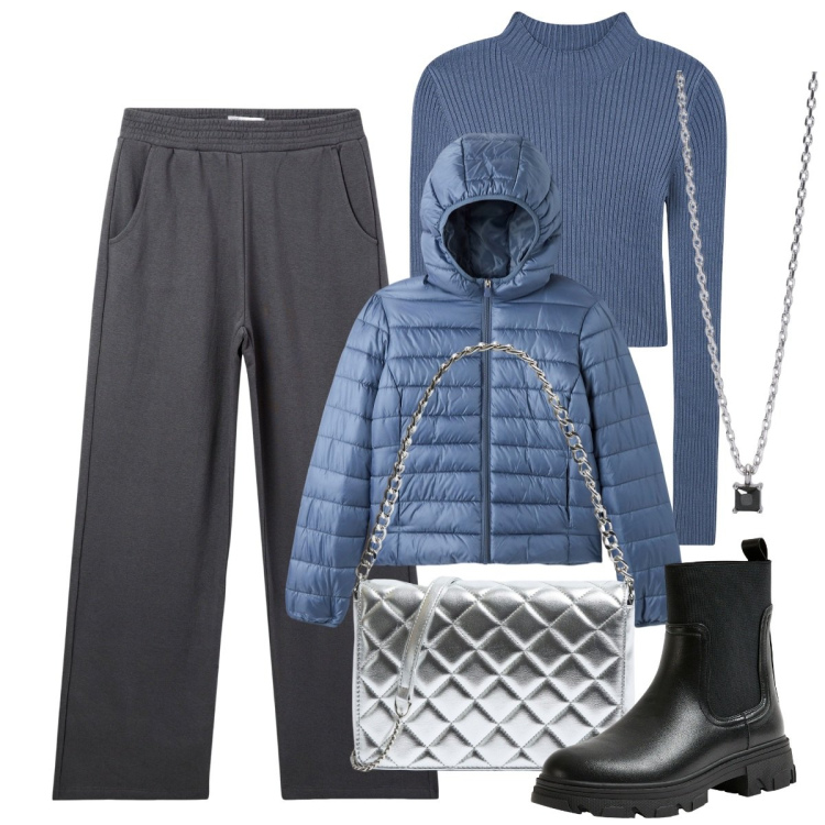 Outfit donna - Terranova - Black Friday. Stile Casual chic per Ufficio. Abbinamento con blazer, pantaloni, maglieria, stivaletti chelsea, borse a tracolla, collane.