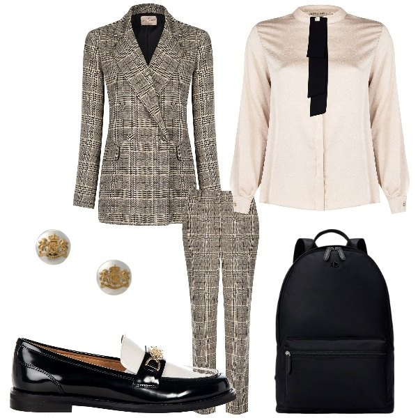 Outfit donna - Look "manlike". Stile Mannish per Ufficio. Abbinamento con mocassini, blazer, pantaloni, camicie, orecchini, zaini.